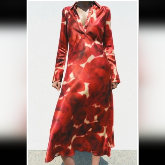 Elegant Red Floral Dress By ZARA - Picture 1 of 4